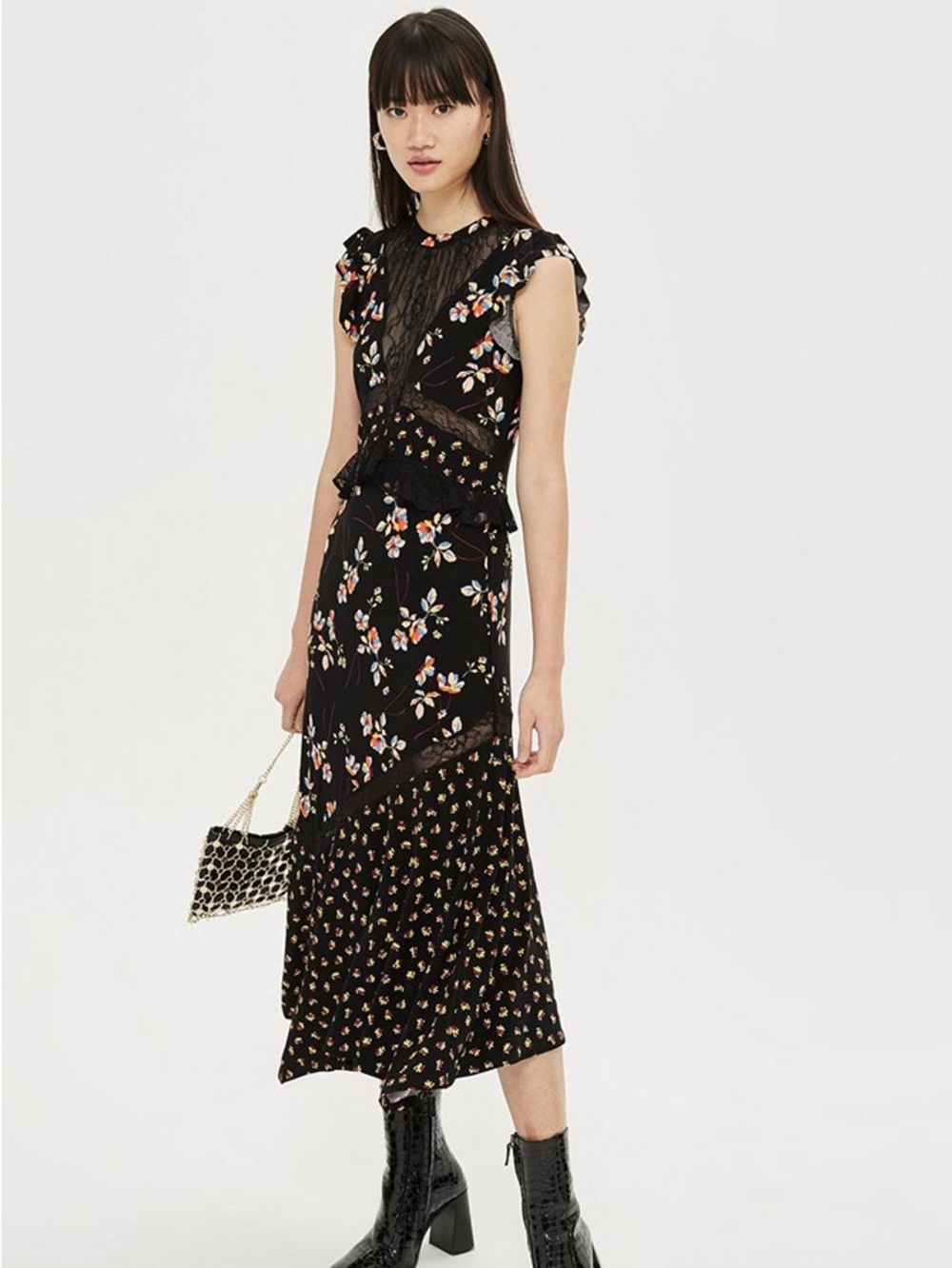 Topshop Black Floral Lace-Trim Midi Dress
